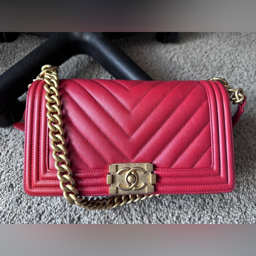 CHANEL boy caviar red chevron handbag